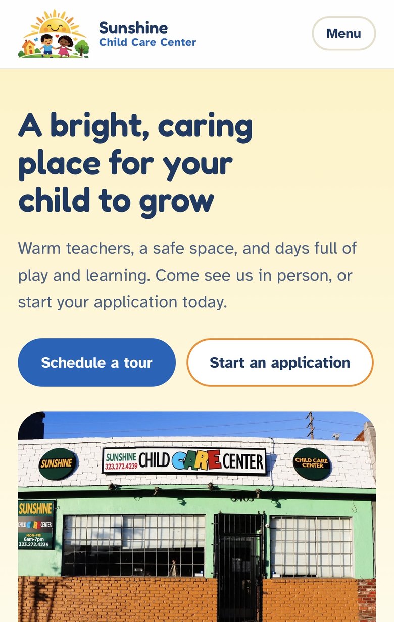 The Sunshine Child Care Center homepage on a phone, showing the headline, a schedule a tour button, a start an application button, and a photo of the center.
