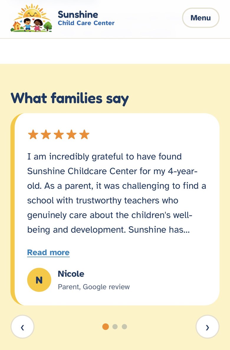 The parent reviews section, showing a five star Google review from a parent and a summary of what families mention most.