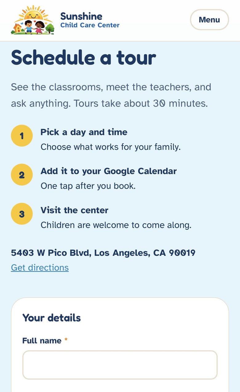 The tour scheduling page, showing three steps to book a tour, the center's address, and the start of the booking form.